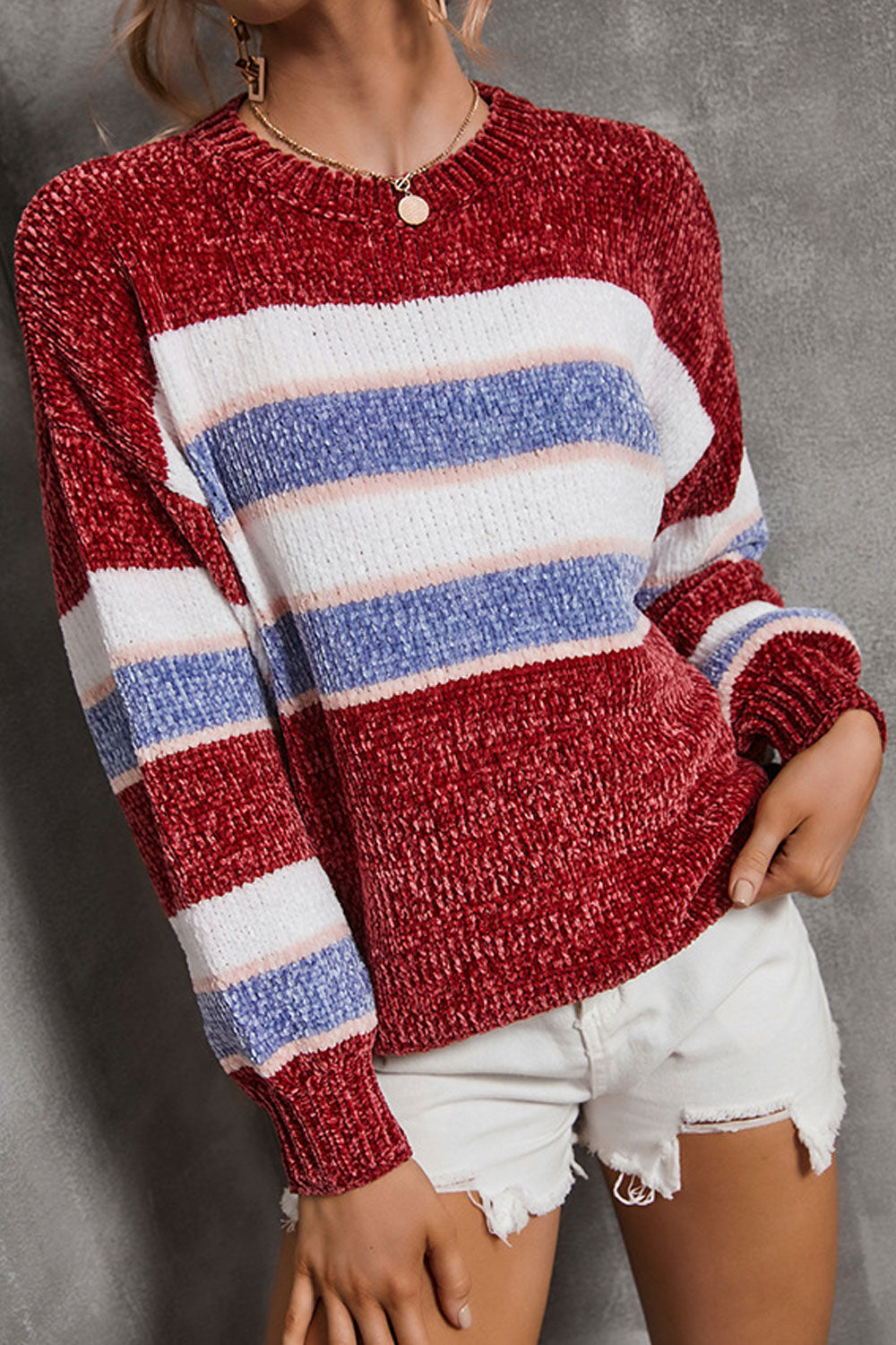Women Winter Long Sleeve Pullover Styled Amazing Striped Pattern Easy Round Neck Casual Sweater