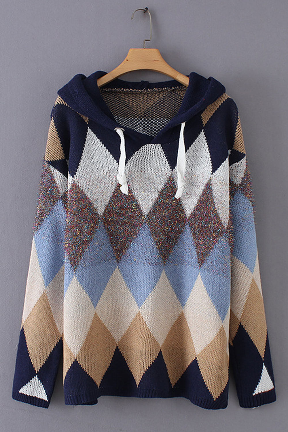 Women Fantastic Geometry Pattern Drawstring Hooded Neck Winter Casual Pullover Sweater