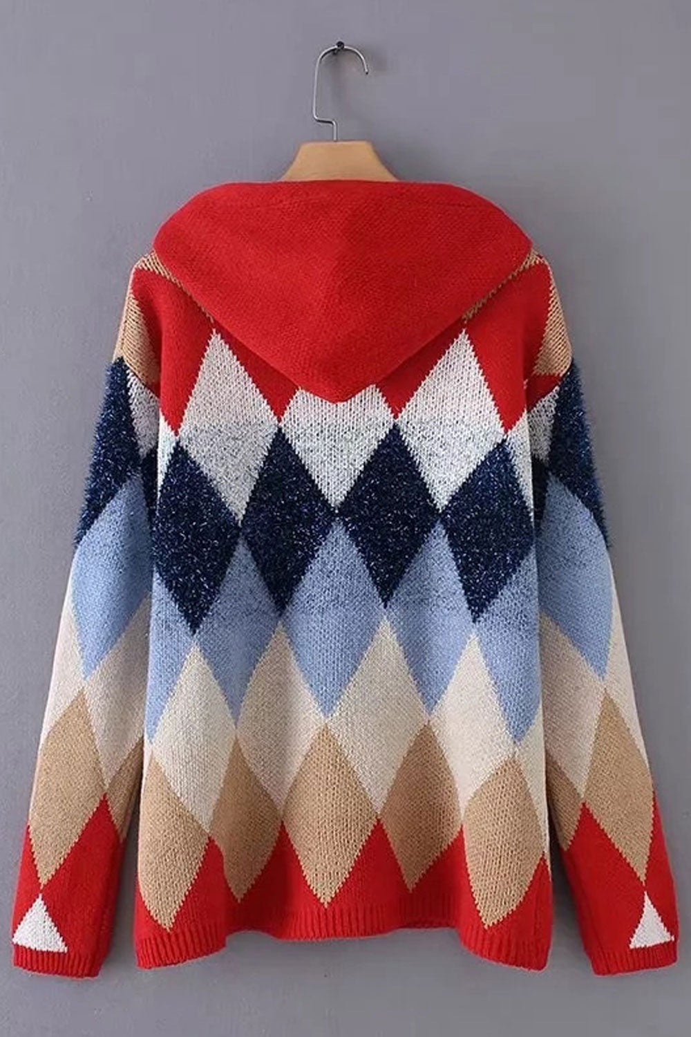 Women Fantastic Geometry Pattern Drawstring Hooded Neck Winter Casual Pullover Sweater