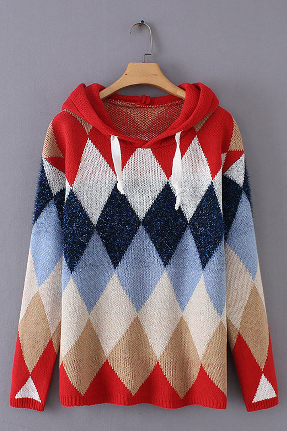 Women Fantastic Geometry Pattern Drawstring Hooded Neck Winter Casual Pullover Sweater
