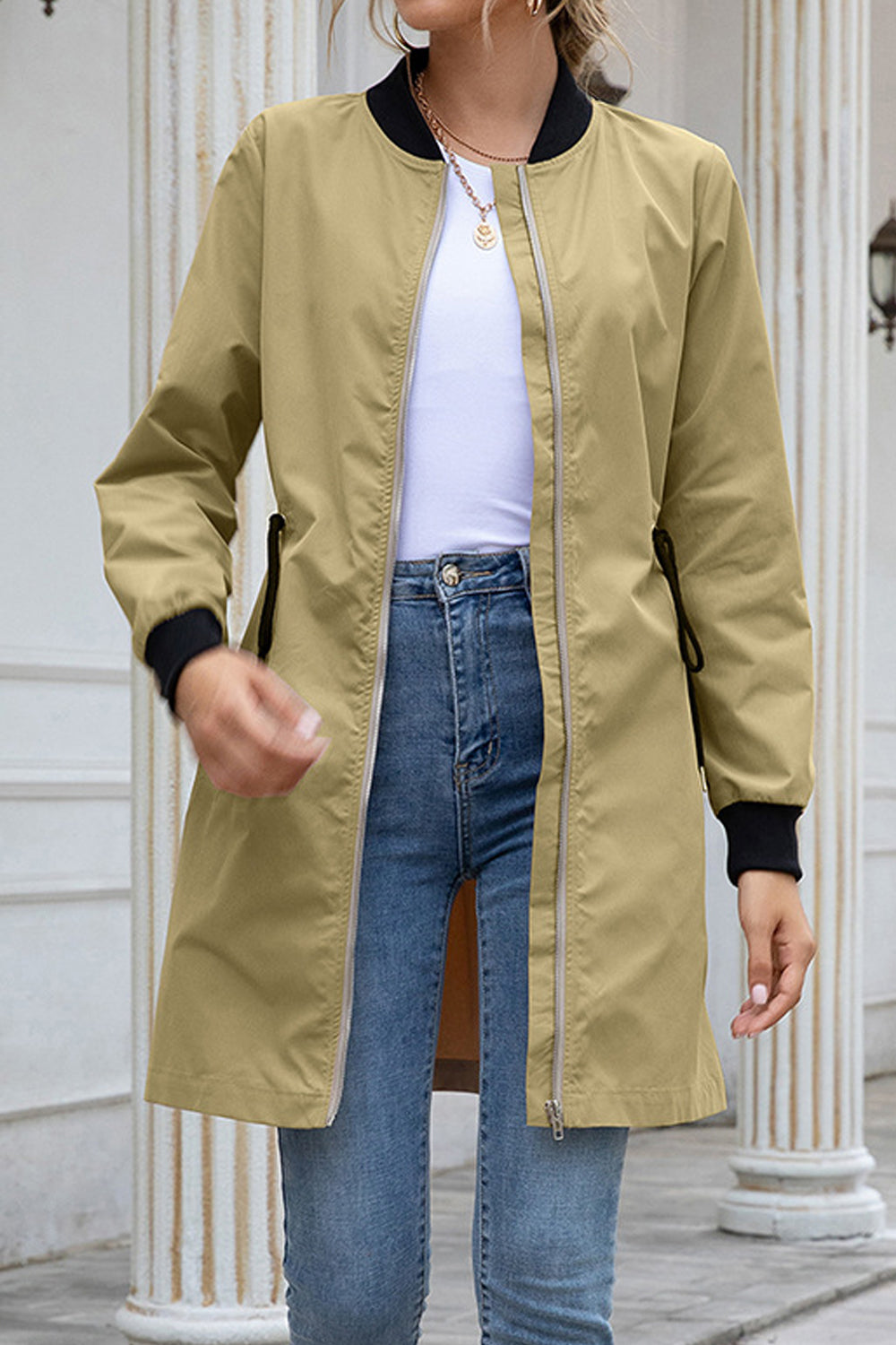 Women Winter Styled Stand Collar Comfy Long Sleeve Drawstring Waist Mid-Length Casual Jacket