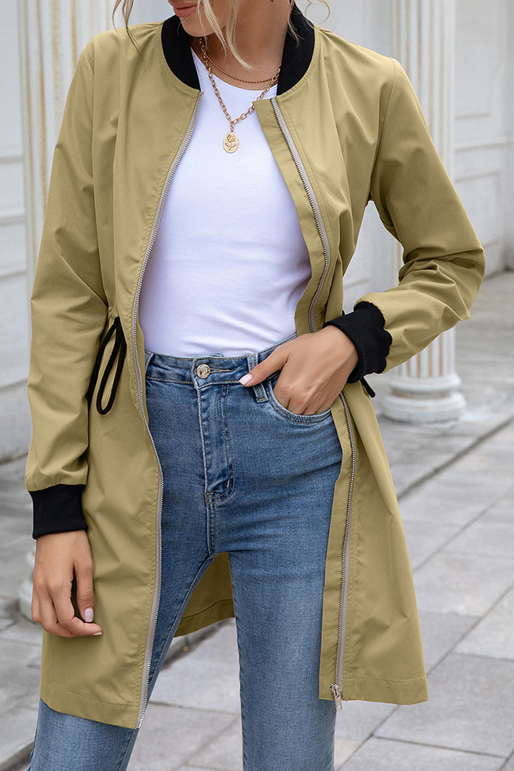 Women Winter Styled Stand Collar Comfy Long Sleeve Drawstring Waist Mid-Length Casual Jacket
