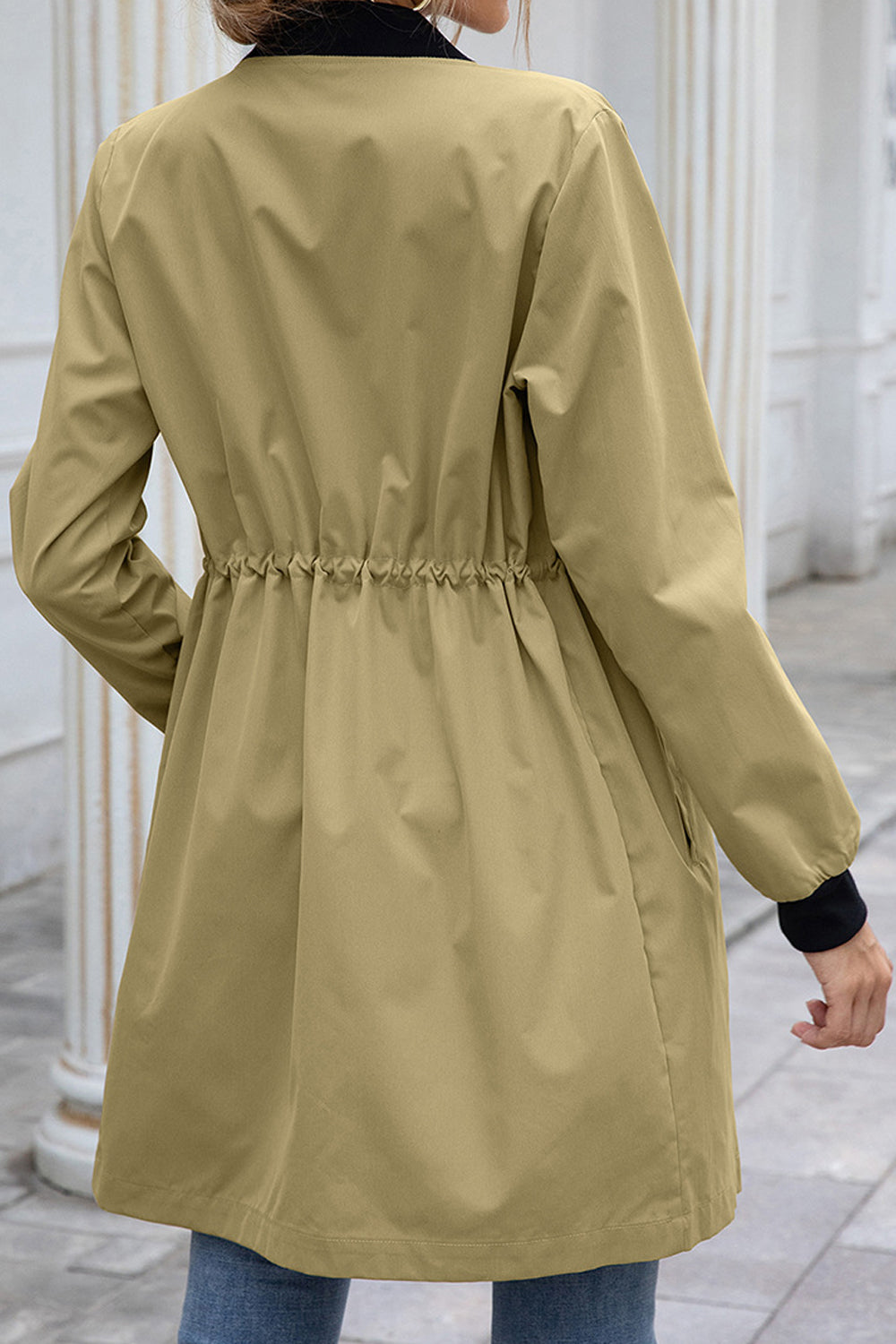 Women Winter Styled Stand Collar Comfy Long Sleeve Drawstring Waist Mid-Length Casual Jacket