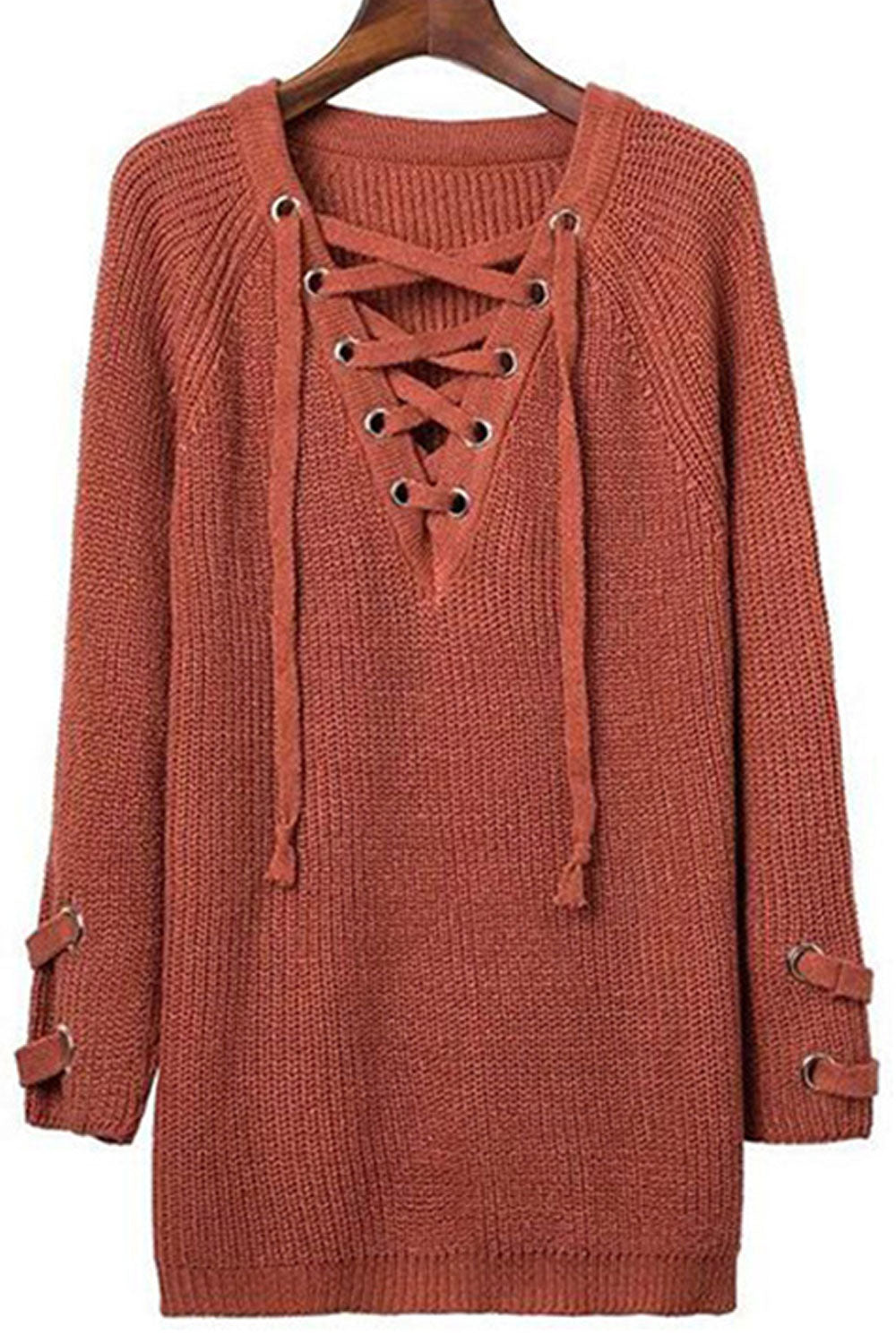 Women Delightful Solid Colored Durable Drawstring V-Neck Warm Long Sleeve Winter Pullover Sweater