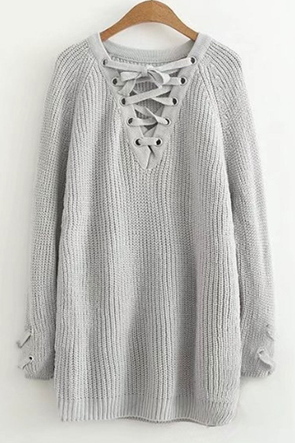 Women Delightful Solid Colored Durable Drawstring V-Neck Warm Long Sleeve Winter Pullover Sweater