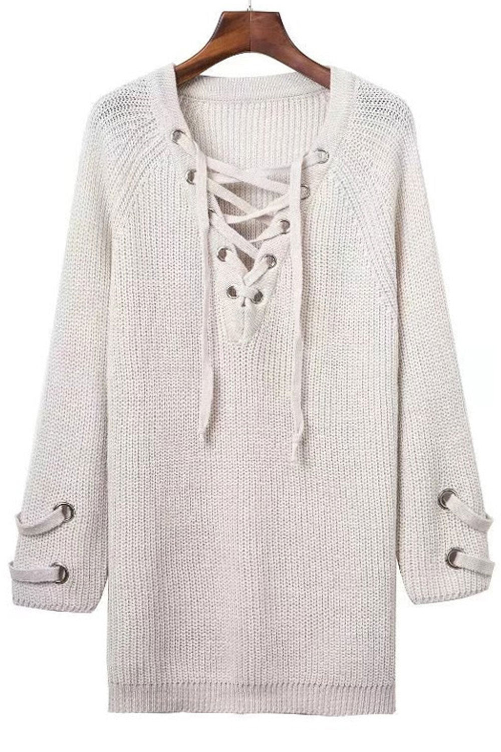 Women Delightful Solid Colored Durable Drawstring V-Neck Warm Long Sleeve Winter Pullover Sweater