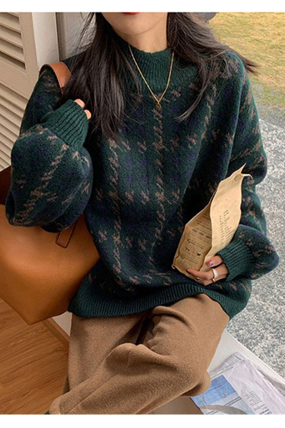 Women Elegent Houdhstooth Pattern Loose & Warm Long Sleeve Easy Round Neck Casual Sweater