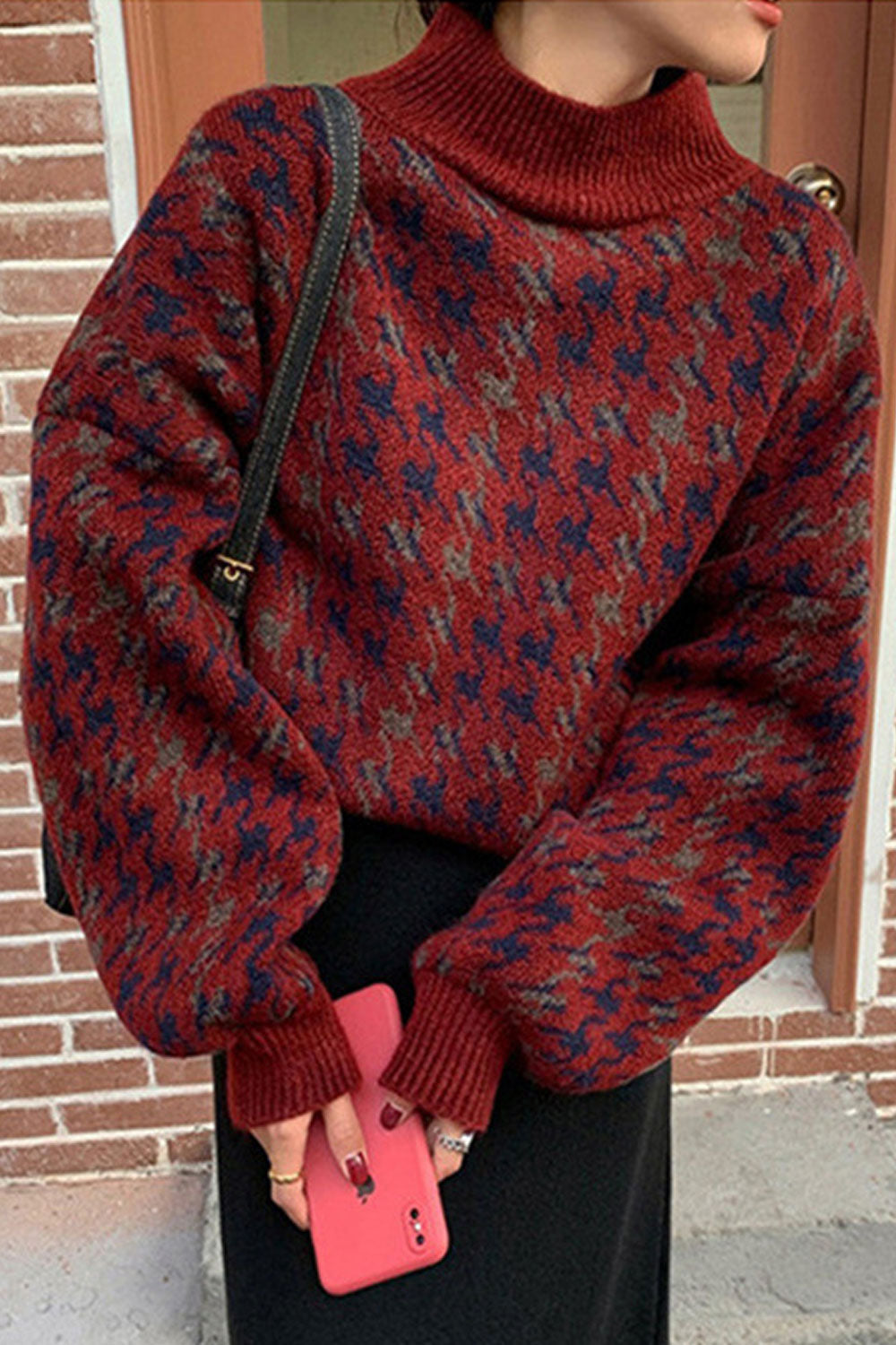 Women Elegent Houdhstooth Pattern Loose & Warm Long Sleeve Easy Round Neck Casual Sweater