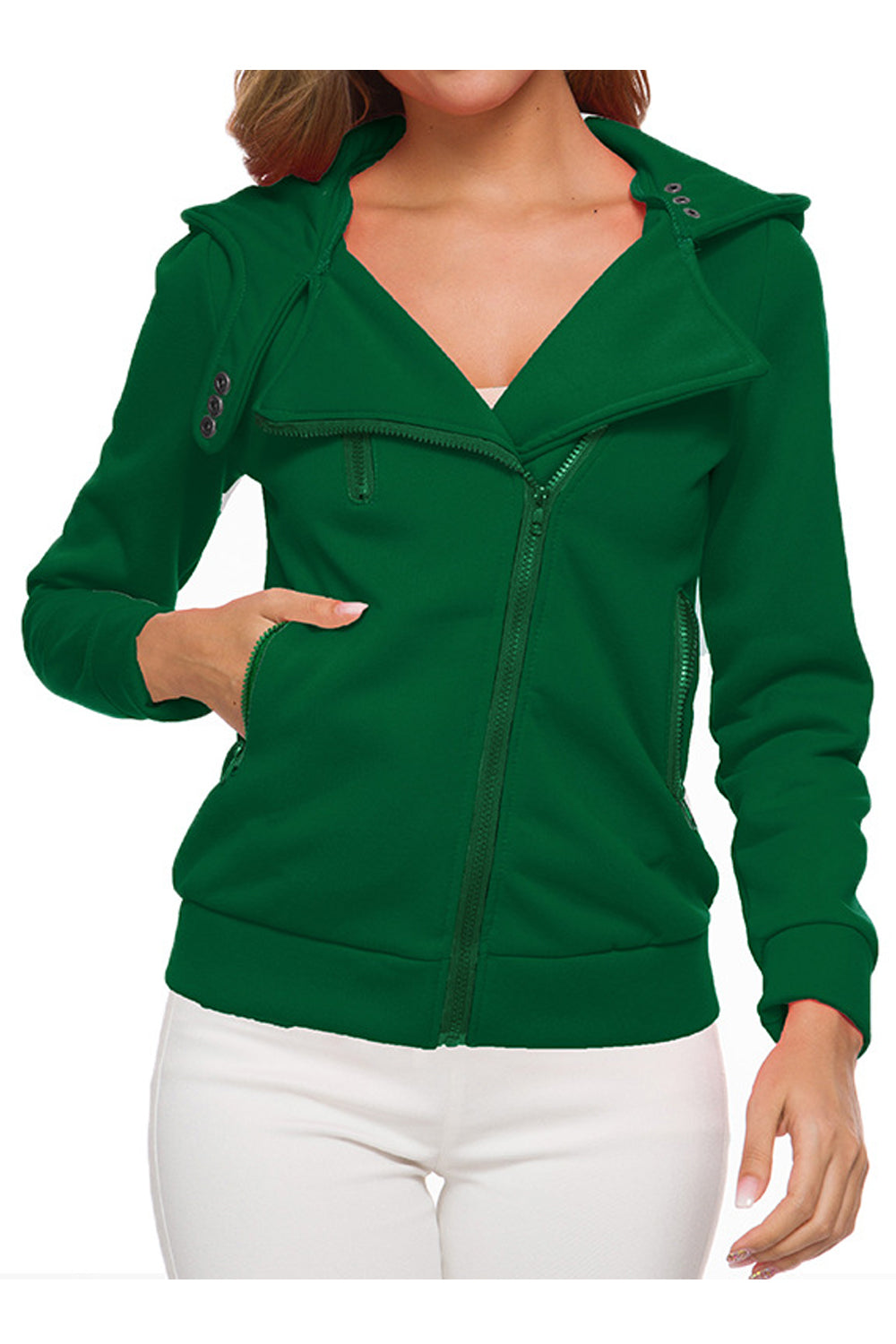 Women Iconic Solid Colored Relaxed Fit Long Sleeve Warm Hat Neck Easy Zipper Closure Casual Jacket