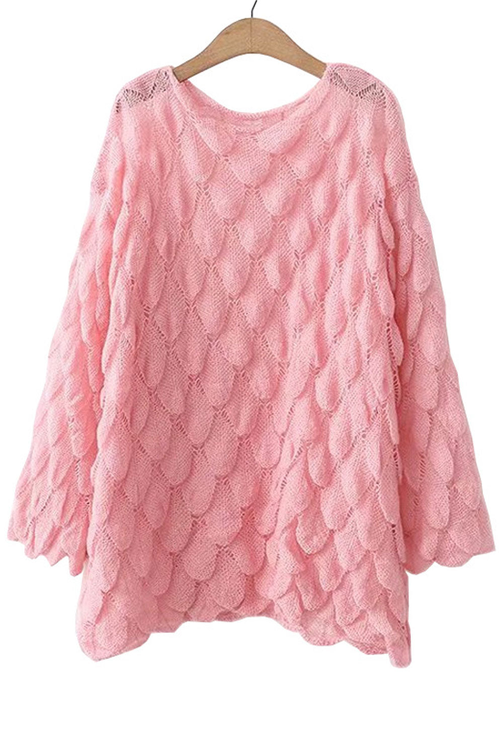 Women Decent Solid Colored Flared Sleeve Restful Round Neck Hollow Styled Pullover Sweater