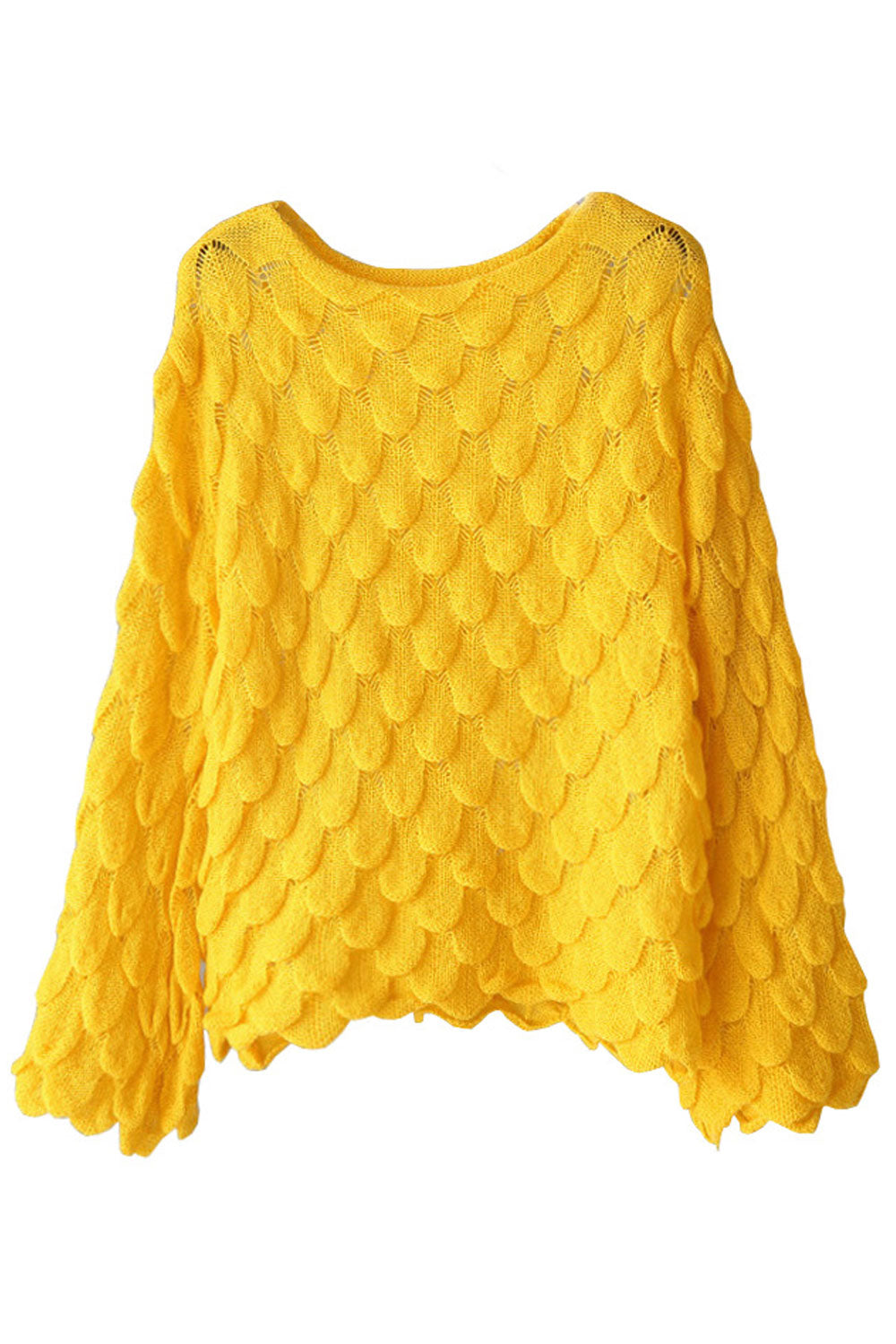Women Decent Solid Colored Flared Sleeve Restful Round Neck Hollow Styled Pullover Sweater