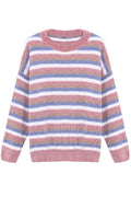 Women Easy Round Neck Windproof Long Sleeve Lovely Striped Pattern Pullover Casual Sweater
