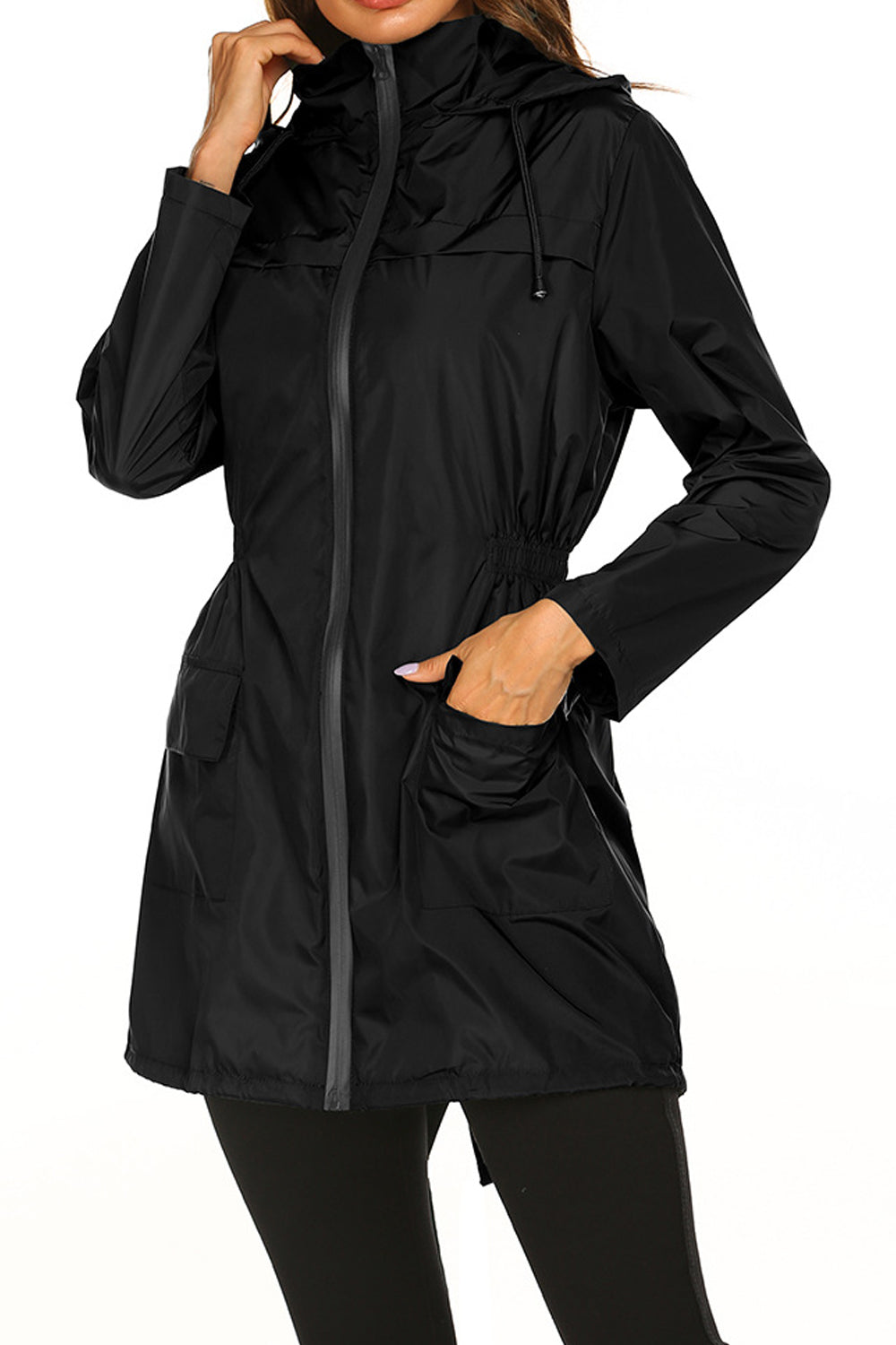 Women Restful Long Sleeve Superb Solid Colored Flap Pockets Durable Drawstring Hooded Neck Casual Jacket