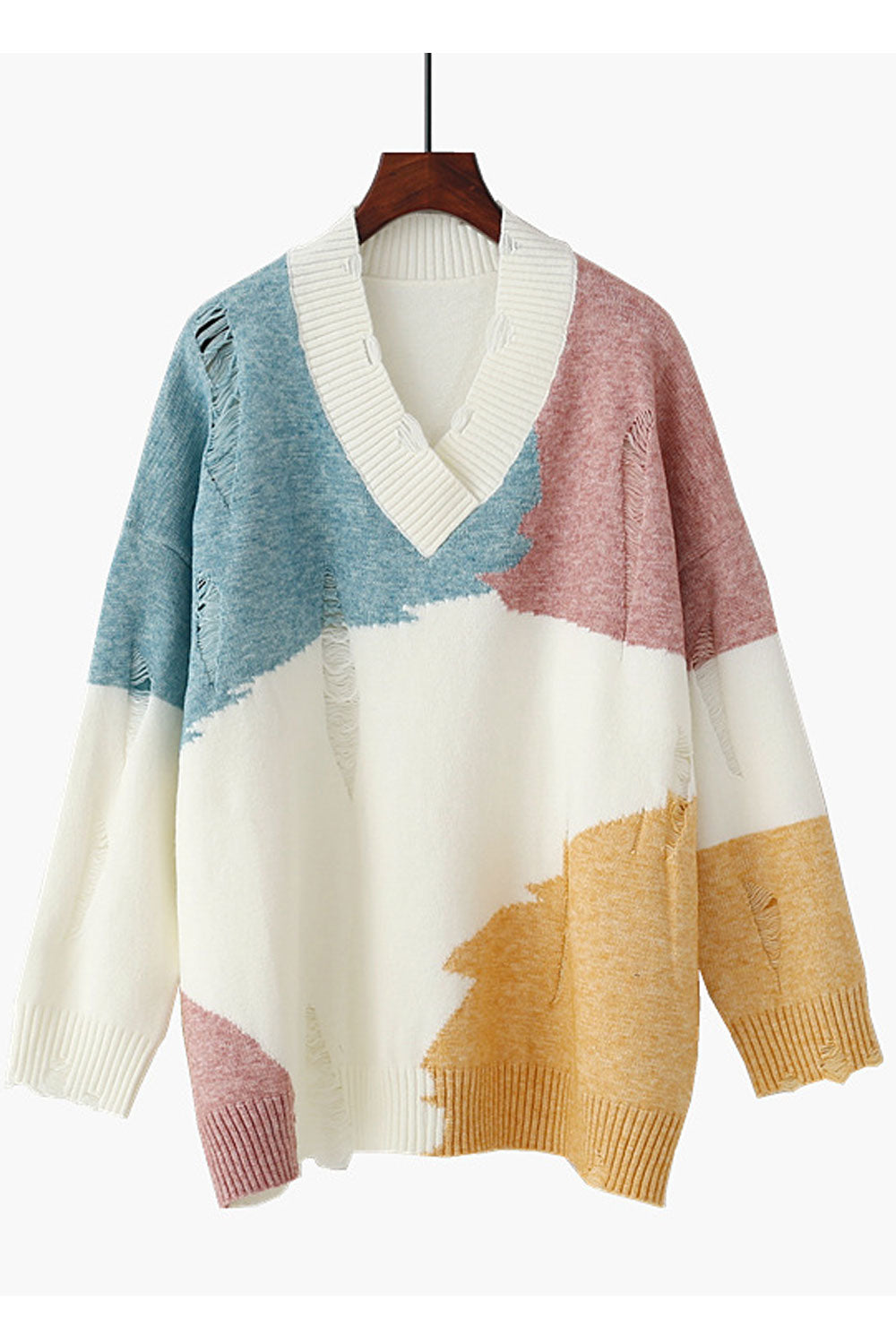 Women Elegent Printed Pattern V-Neck Warm Long Sleeve Ripped Styled Winter Pullover Sweater