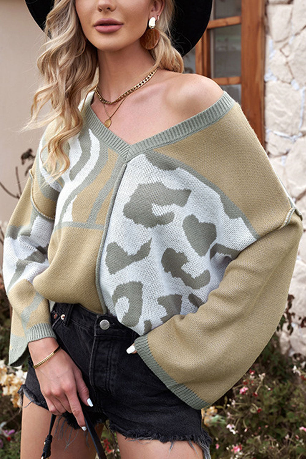 Women Delightful Leopard Pattern Loose Long Sleeve Easy V-Neck Winter Pullover Sweater