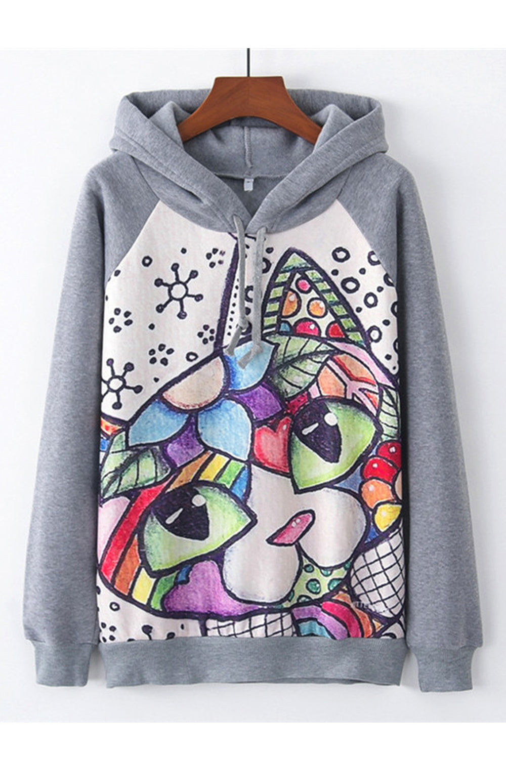 Women Fantastic Printed Pattern Drawstring Hooded Neck Ribbed Hem Winter Casual Hoodie