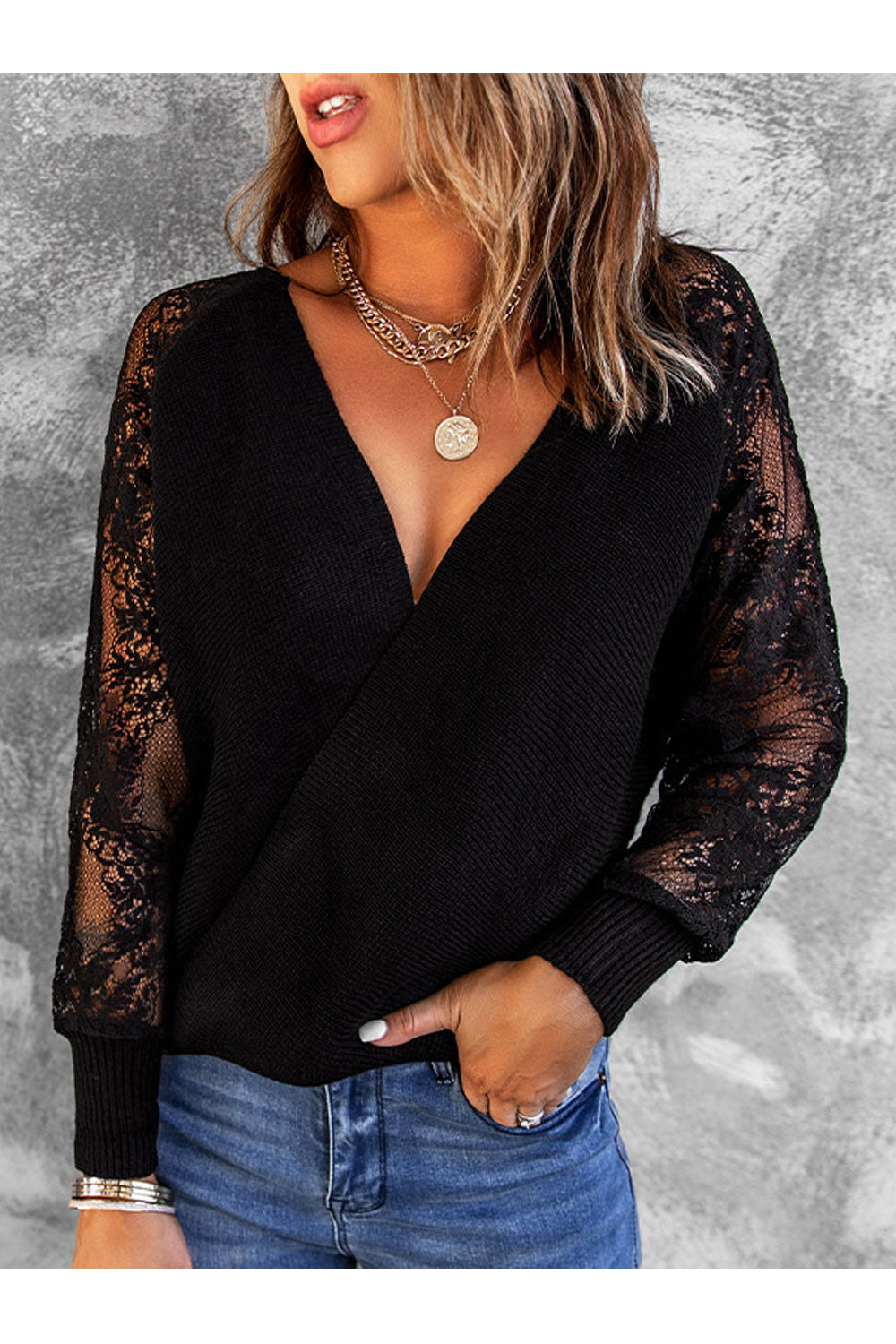 Women Beautiful Solid Colored Deep V-Neck Lace Long Sleeve Thick Winter Casual Sweater
