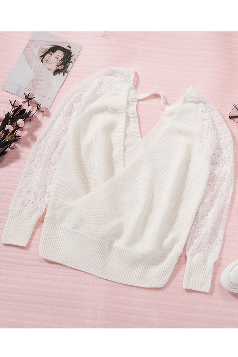 Women Beautiful Solid Colored Deep V-Neck Lace Long Sleeve Thick Winter Casual Sweater