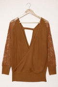 Women Beautiful Solid Colored Deep V-Neck Lace Long Sleeve Thick Winter Casual Sweater