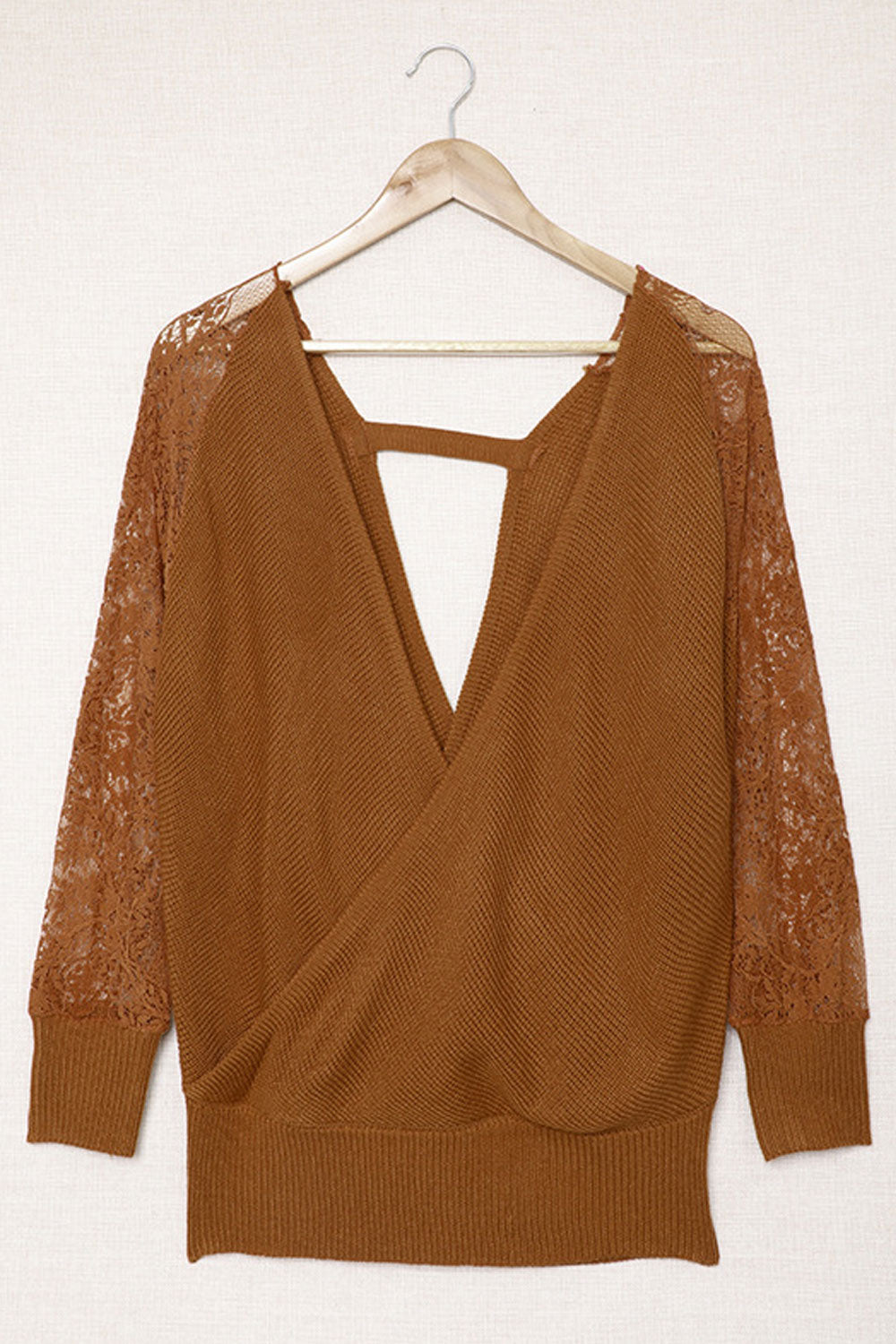 Women Beautiful Solid Colored Deep V-Neck Lace Long Sleeve Thick Winter Casual Sweater