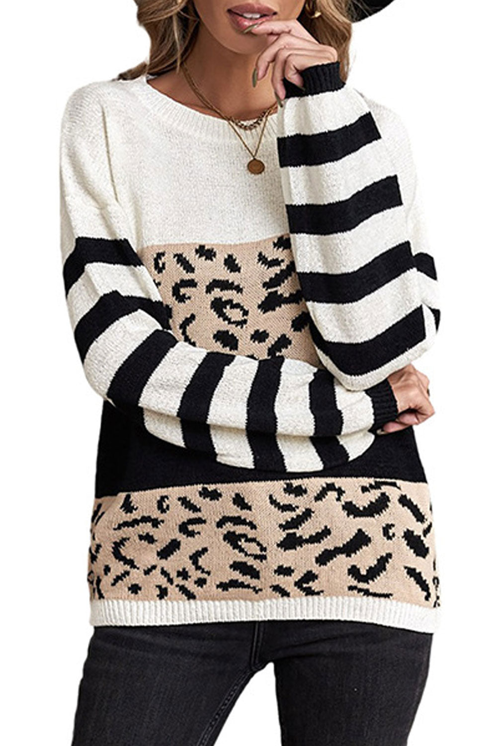 Women Classy Leopard Pattern Winter Restful Long Sleeve Easy Round Neck Warm Winter Sweater