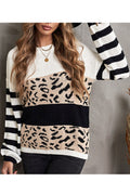Women Classy Leopard Pattern Winter Restful Long Sleeve Easy Round Neck Warm Winter Sweater
