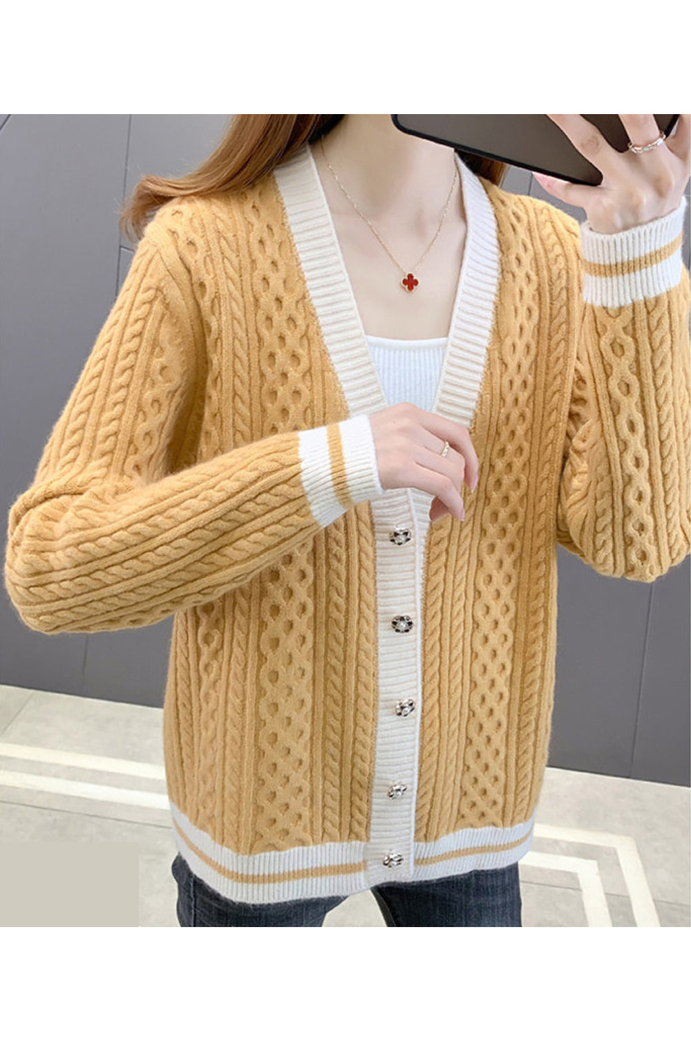 Women Restful V-Neck Knitted Styled Beautiful Button Closure Winter Warm Cardigan