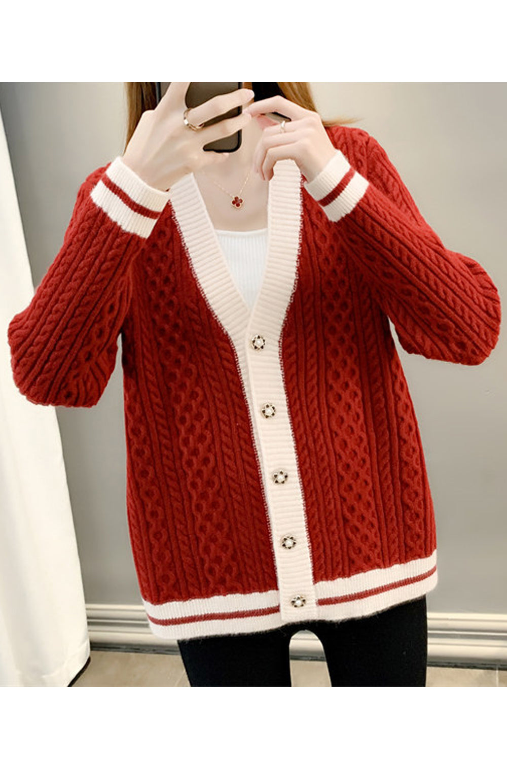 Women Restful V-Neck Knitted Styled Beautiful Button Closure Winter Warm Cardigan