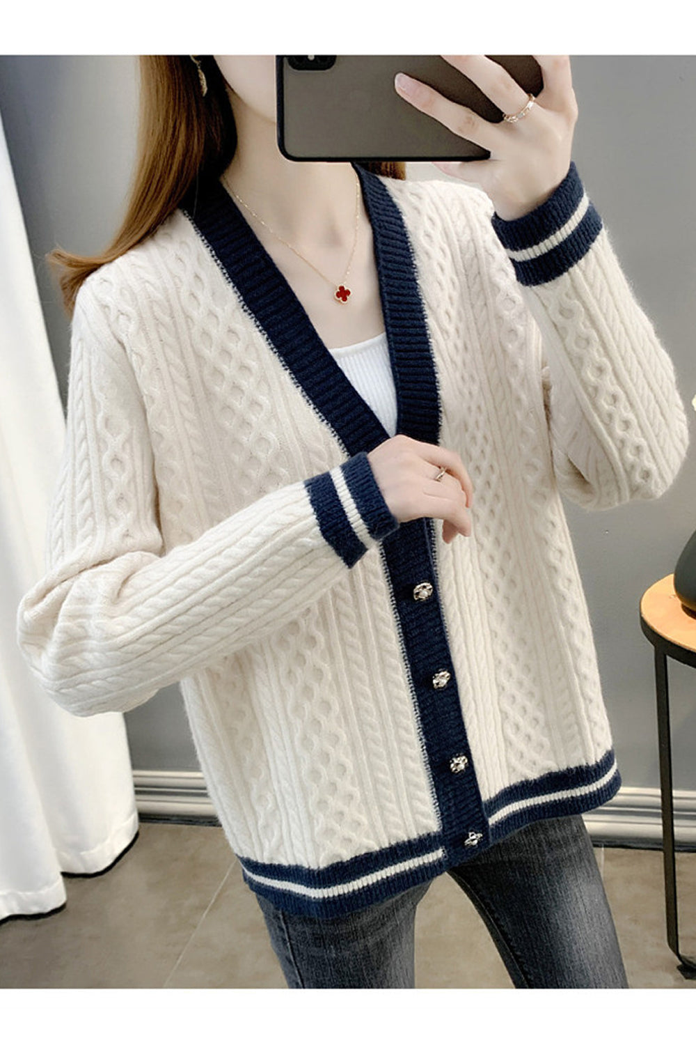 Women Restful V-Neck Knitted Styled Beautiful Button Closure Winter Warm Cardigan