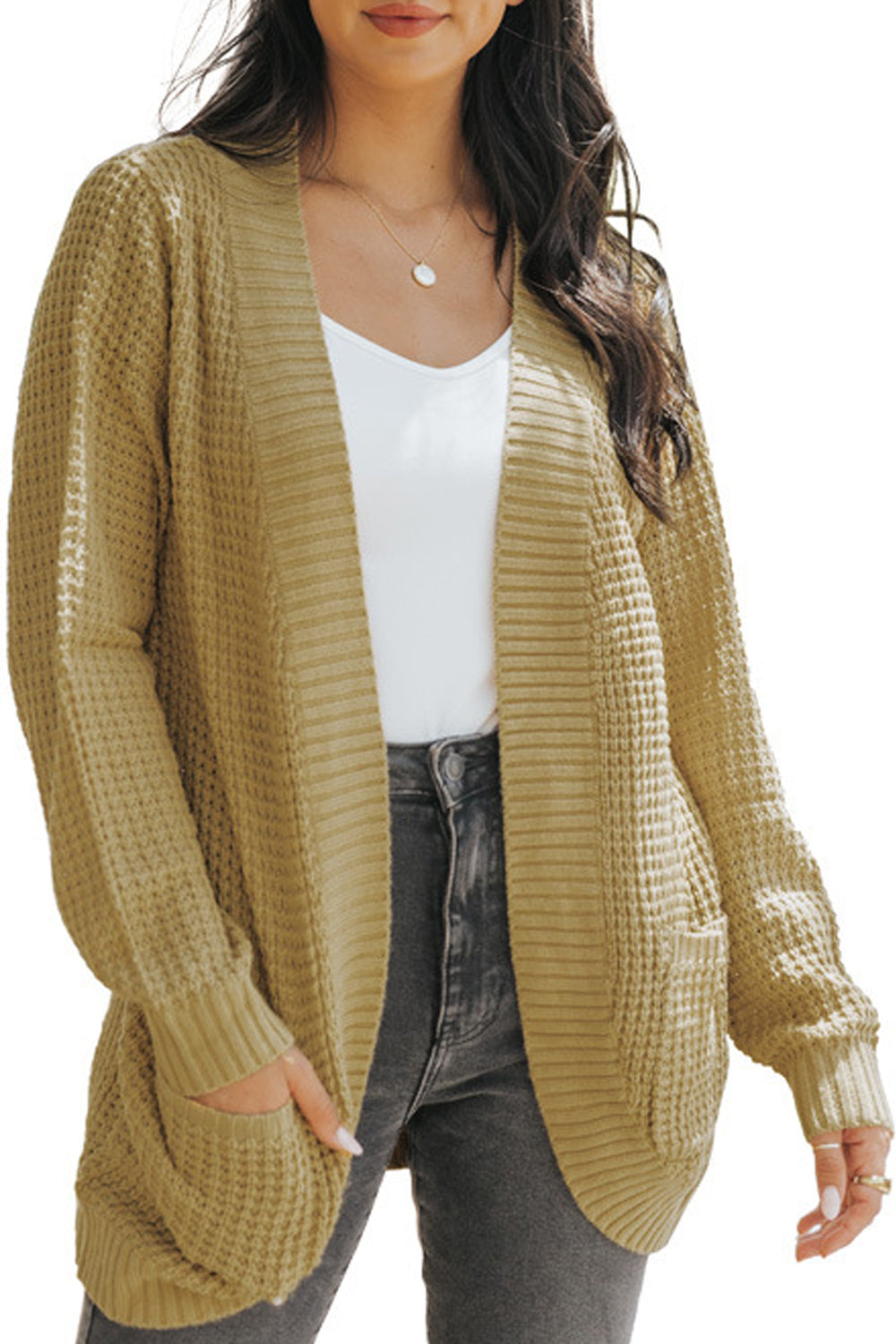 Women Solid Pattern Knitted Style Flap Pockets Comfy Winter Loose Fit Cardigan