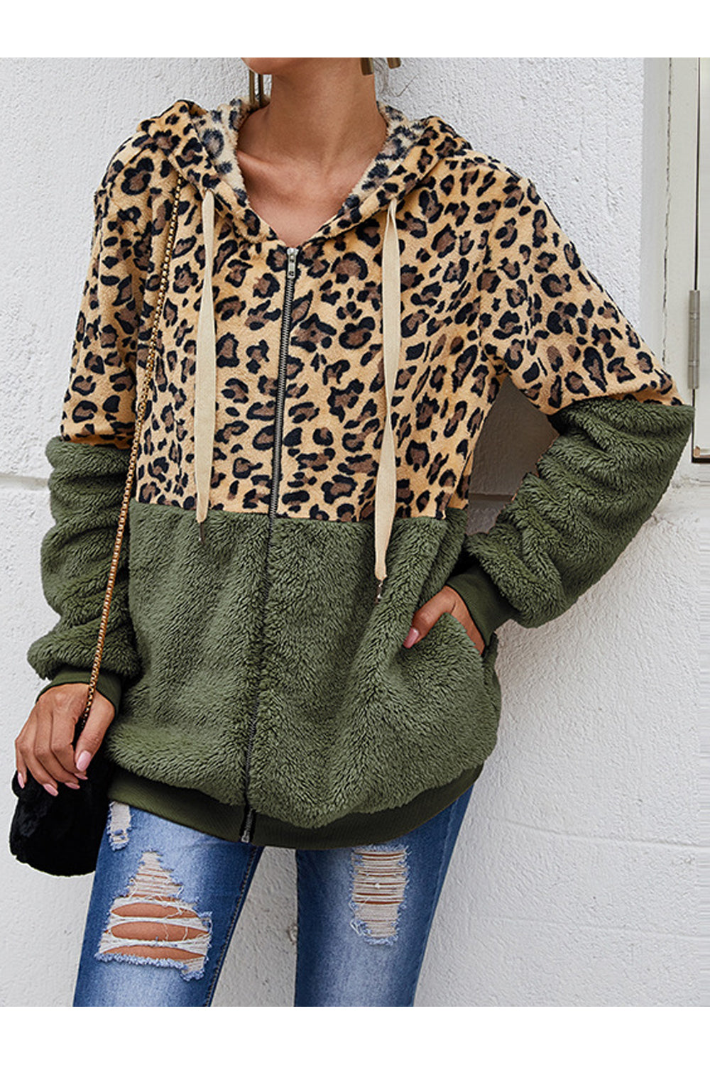 Women Elegant Leopard Pattern Warm Long Sleeve Durable Drawstring Winter Zipper Closure Casual Jacket