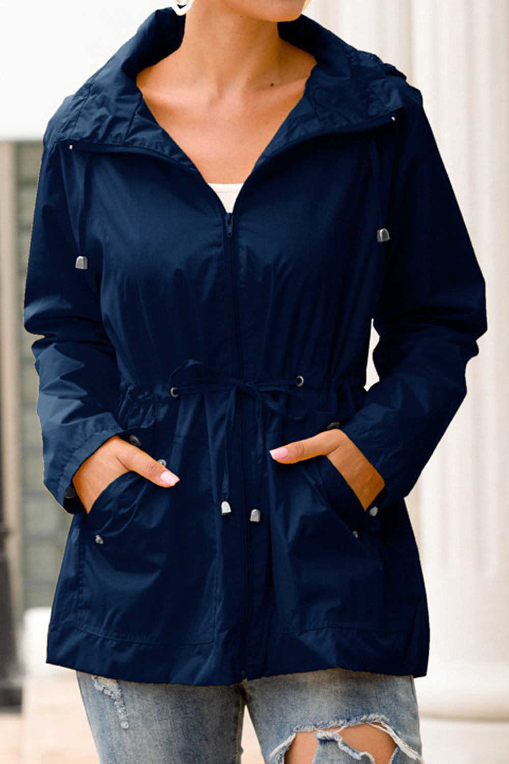 Women Lovely Solid Colored Long Sleeve Durable Drawstring Waist Hooded Neck Casual Winter Jacket