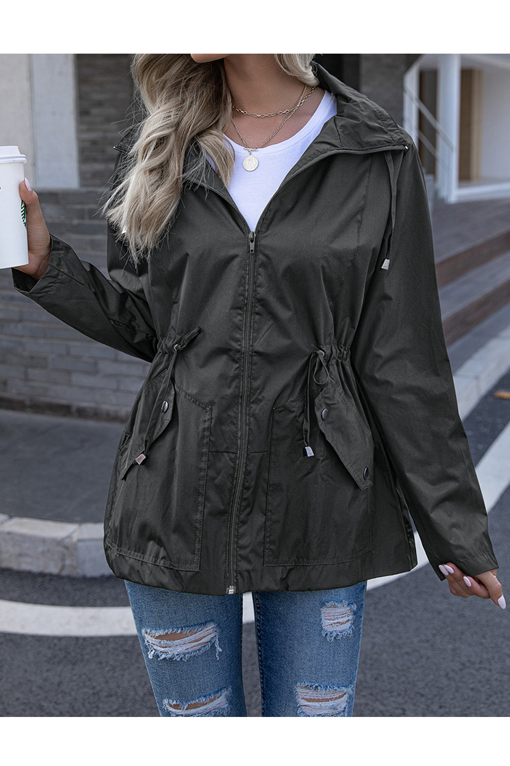 Women Winter Hooded Neck Loose Long Sleeve Superb Solid Colored Zipper Closure Casual Jacket