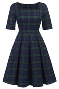 Women Amazing Plaid Pattern Square Neck Suitable Summer Pleated Skirt Dress