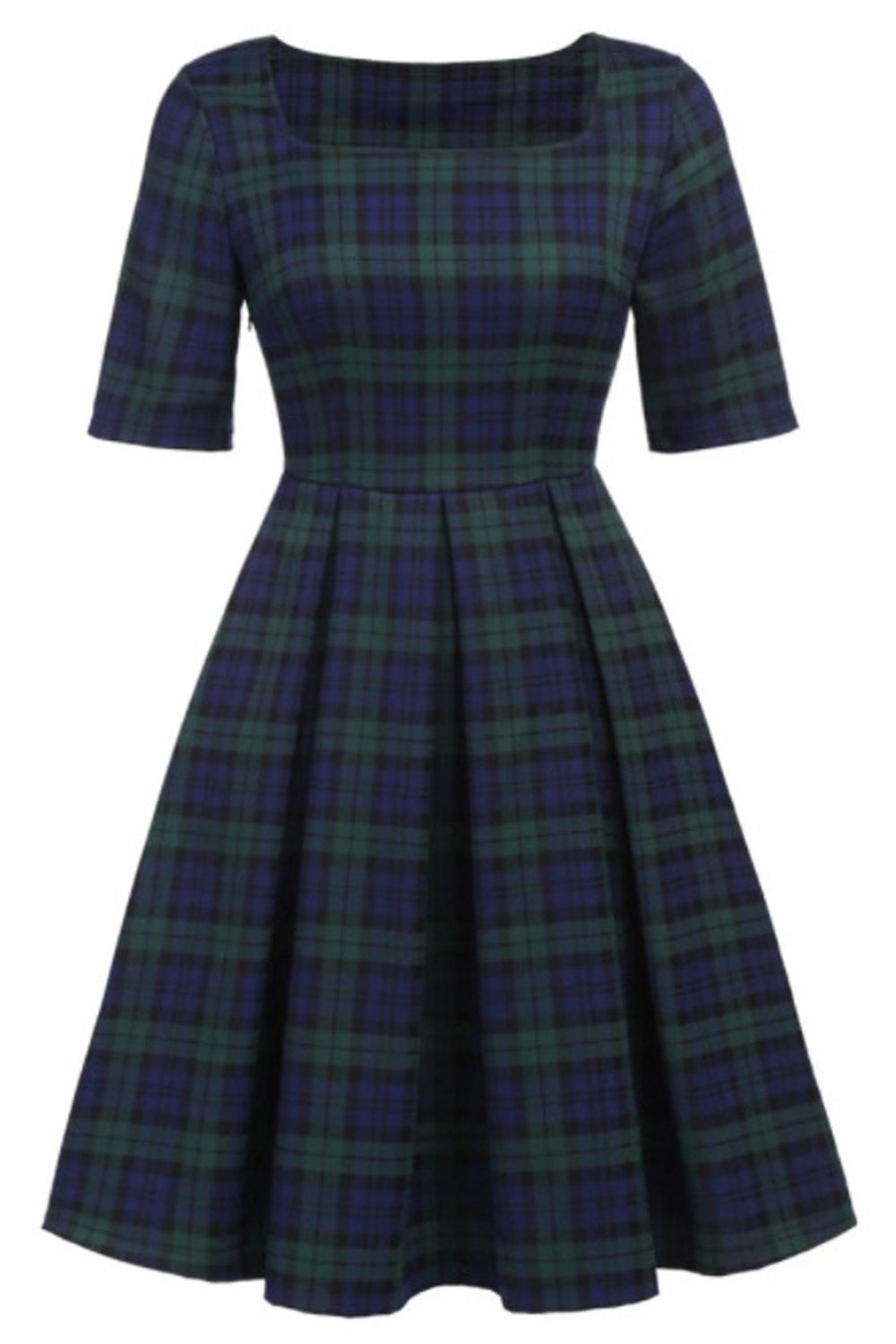 Women Amazing Plaid Pattern Square Neck Suitable Summer Pleated Skirt Dress
