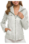 Women Magnifficent Adjustable Drawstring Hood Multiple Zips Style Leather Jacket