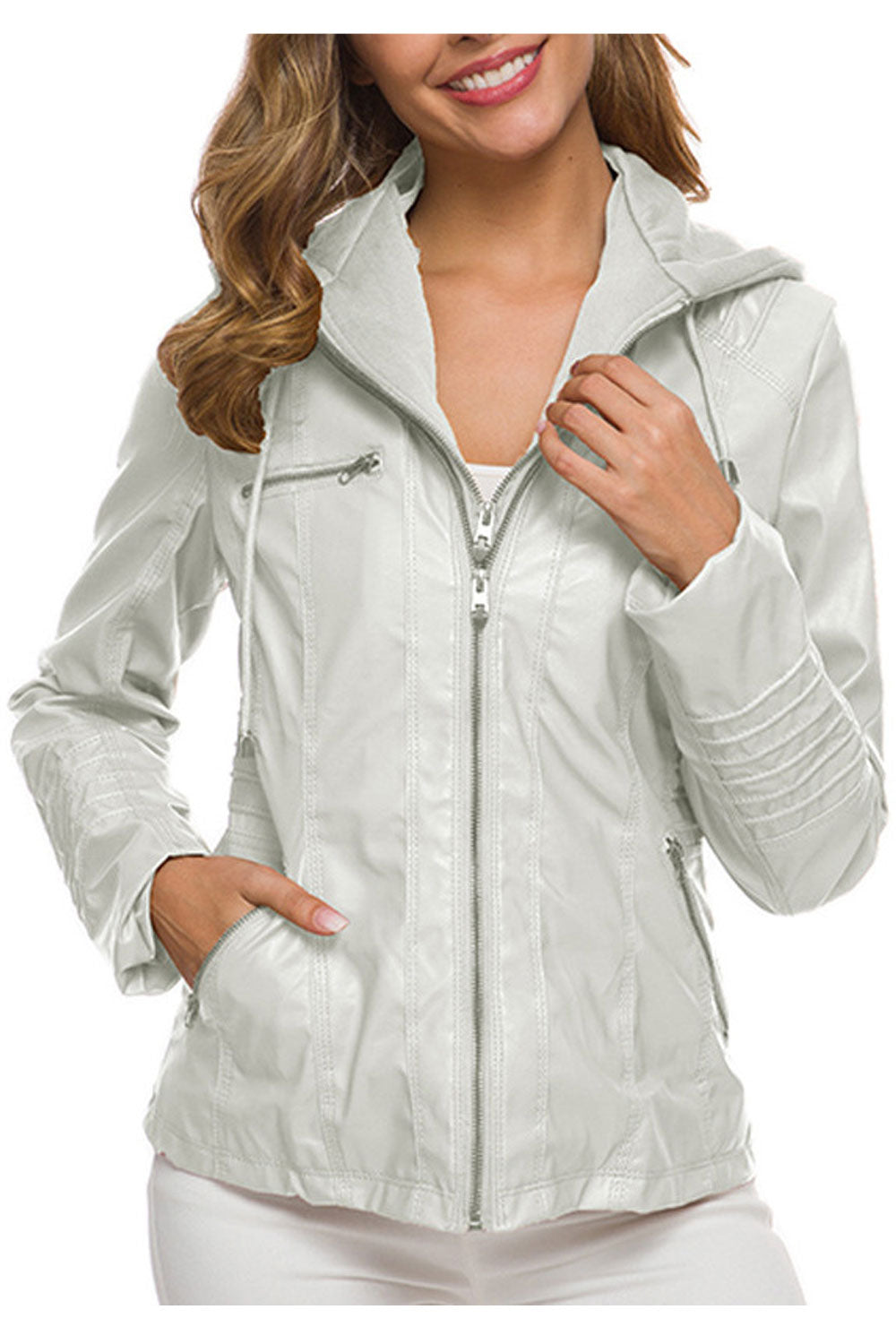Women Magnifficent Adjustable Drawstring Hood Multiple Zips Style Leather Jacket