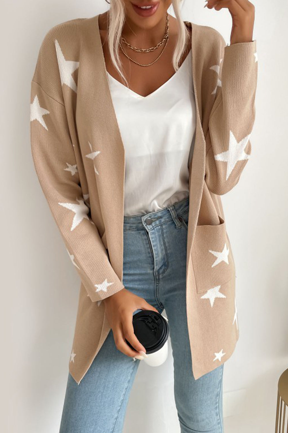 Women Nice Star Printed Knitted Long Sleeve Front Pockets Fashionic Winter Cardigan