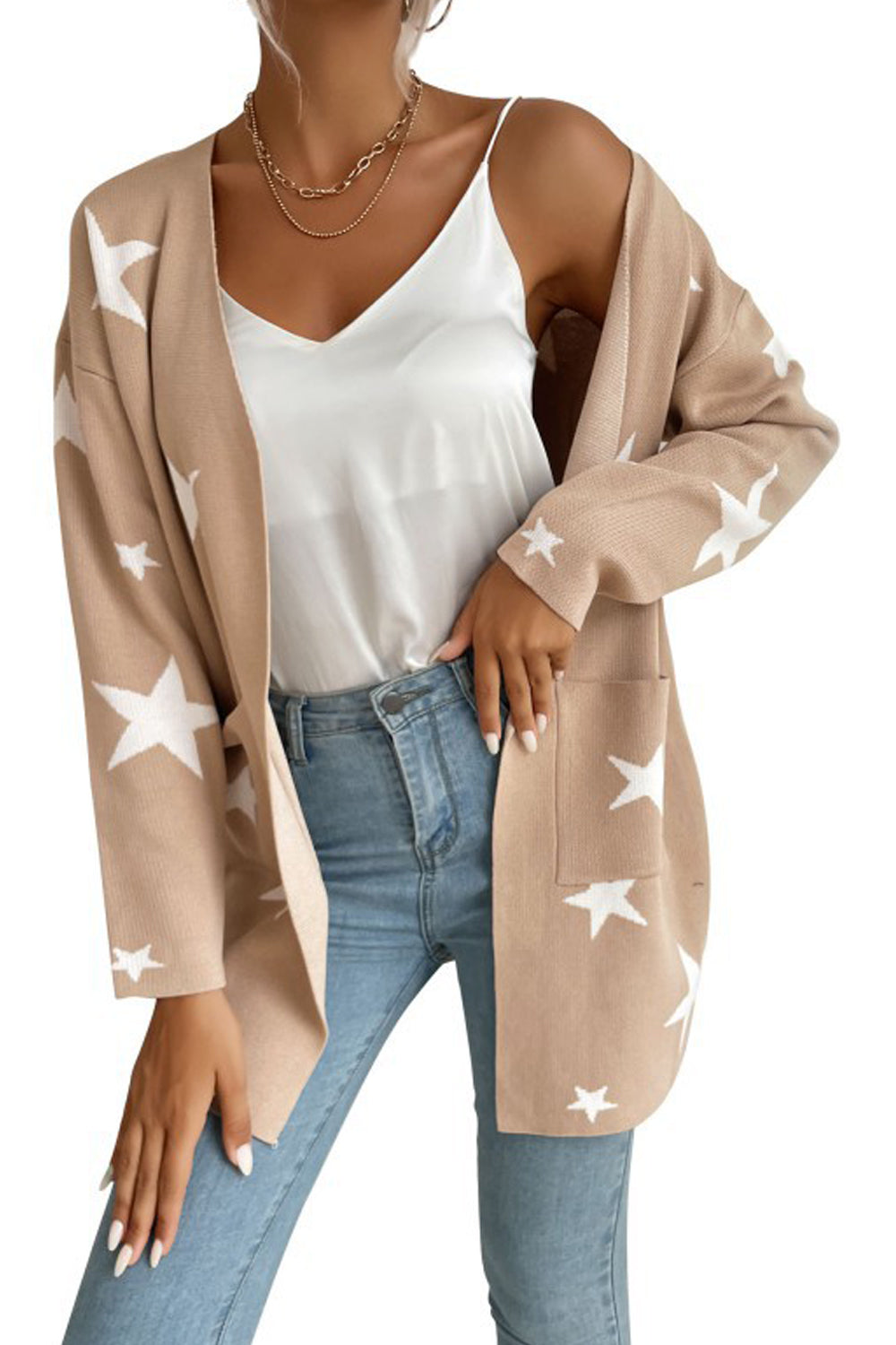 Women Nice Star Printed Knitted Long Sleeve Front Pockets Fashionic Winter Cardigan