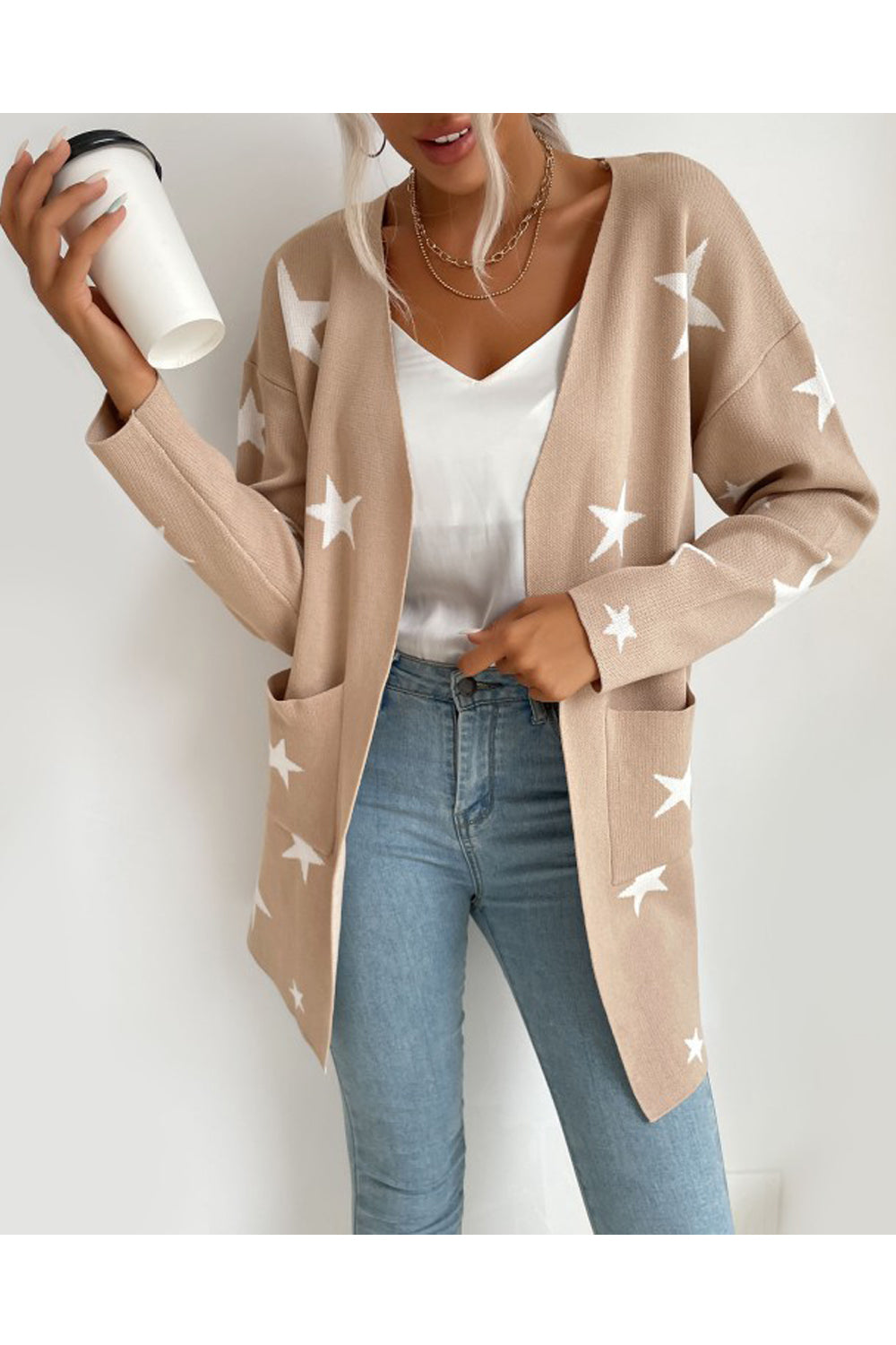Women Nice Star Printed Knitted Long Sleeve Front Pockets Fashionic Winter Cardigan