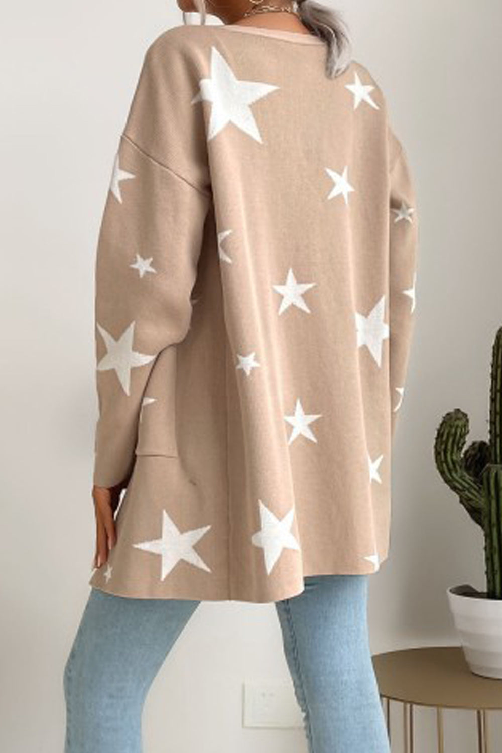 Women Nice Star Printed Knitted Long Sleeve Front Pockets Fashionic Winter Cardigan