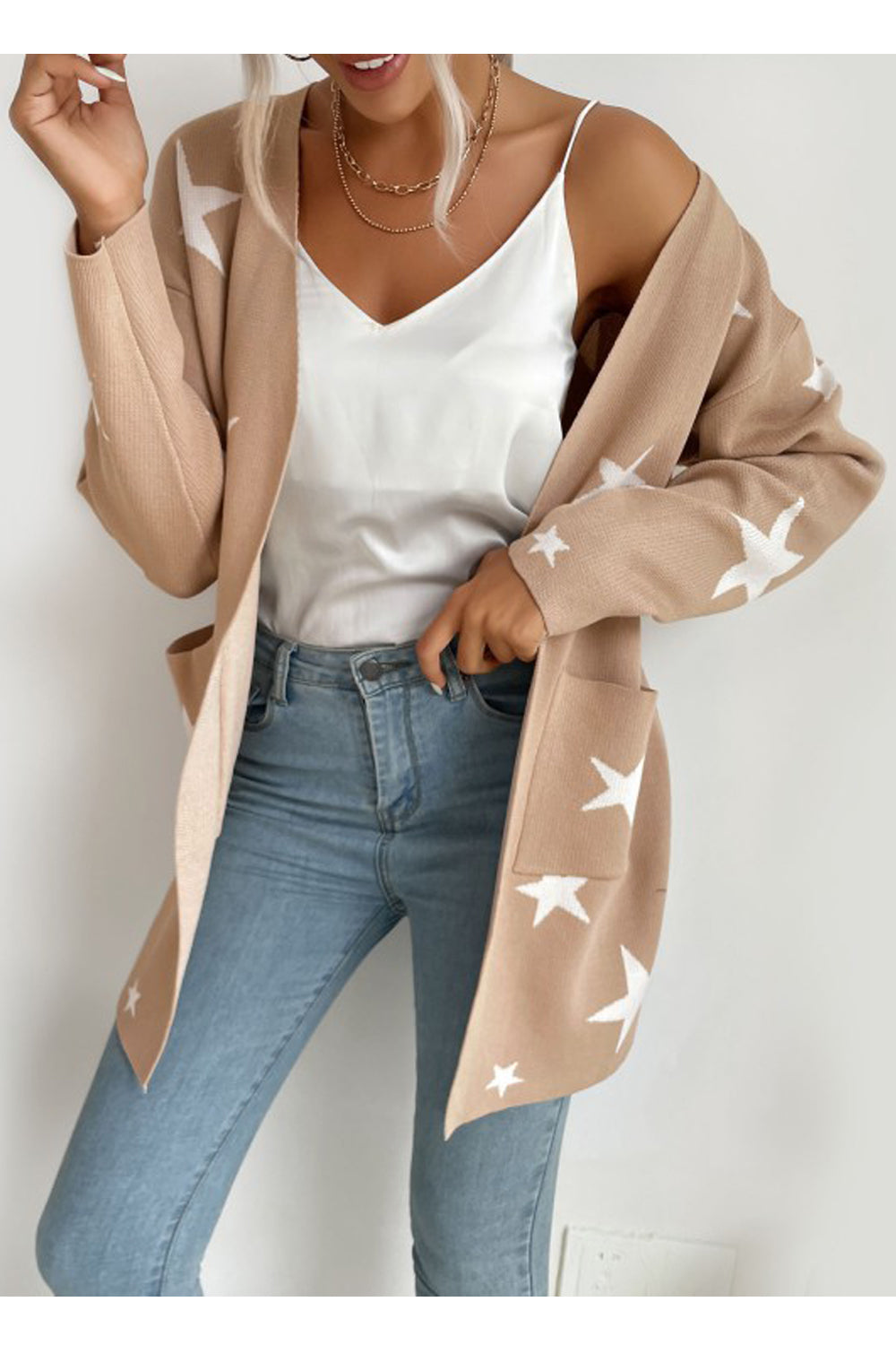 Women Nice Star Printed Knitted Long Sleeve Front Pockets Fashionic Winter Cardigan