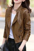 Women Short Length Solid Colored Thick Long Sleeve PU Leather Jacket
