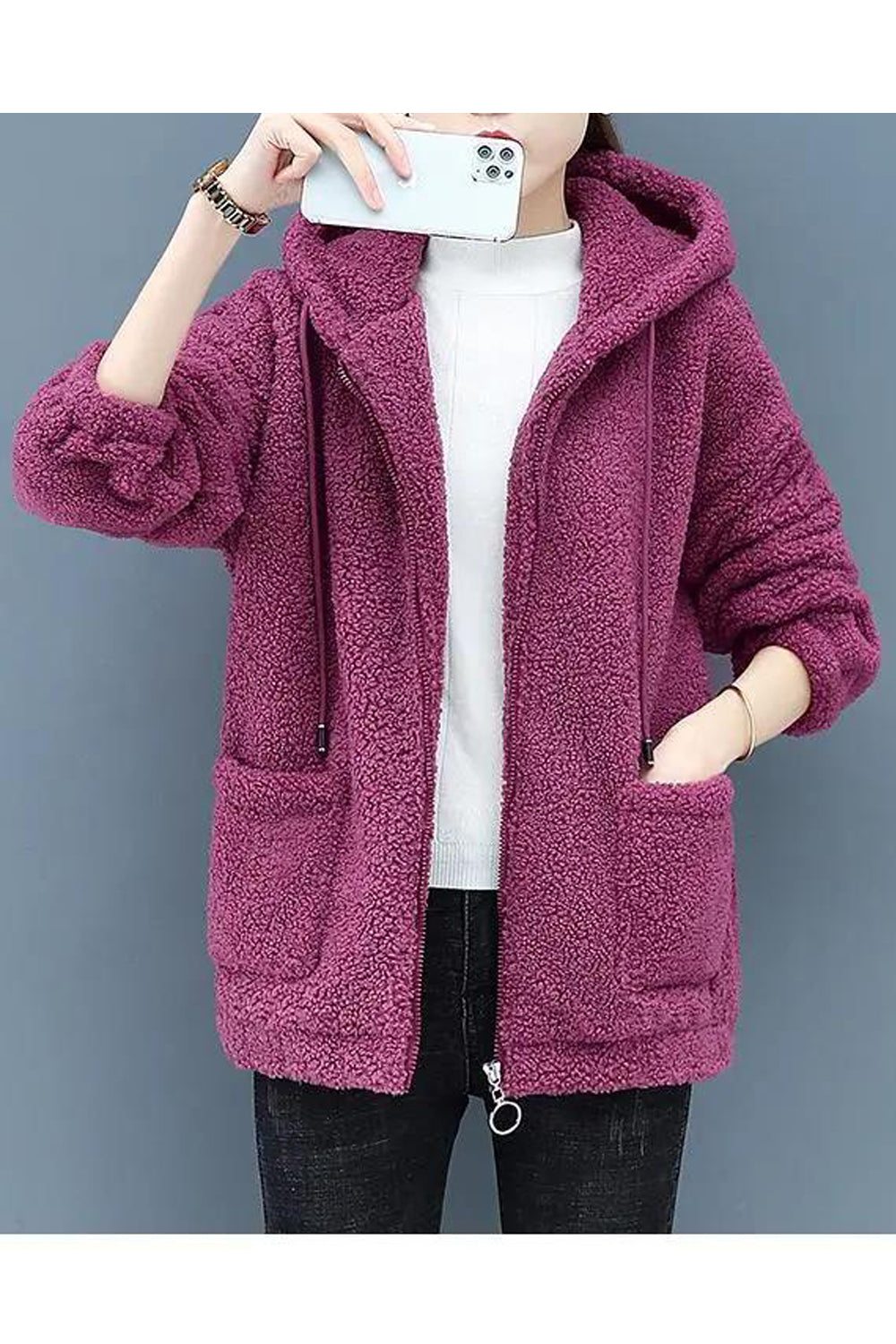 Women Knitted Long Sleeve Flap Pockets Stylish Solid Colored Zipper Closure Winter Casual Hoodie