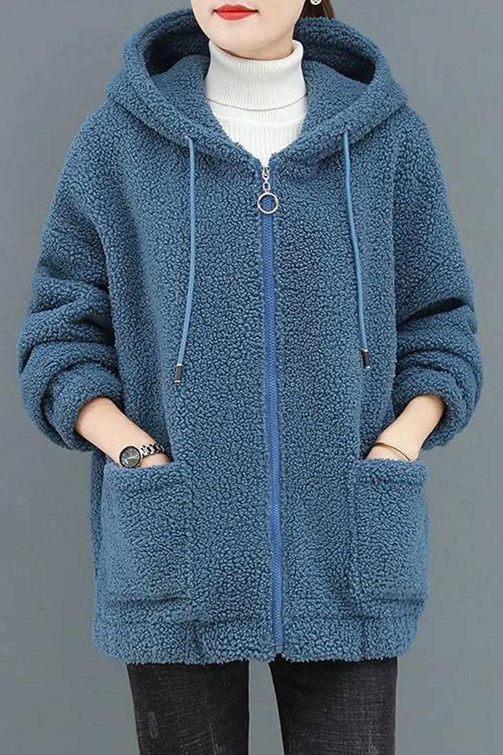Women Knitted Long Sleeve Flap Pockets Stylish Solid Colored Zipper Closure Winter Casual Hoodie