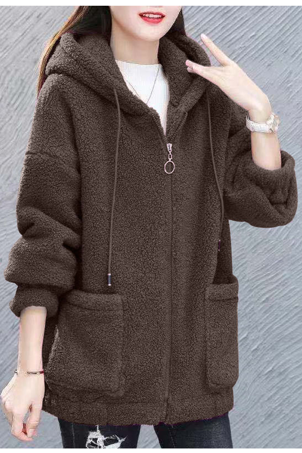 Women Knitted Long Sleeve Flap Pockets Stylish Solid Colored Zipper Closure Winter Casual Hoodie