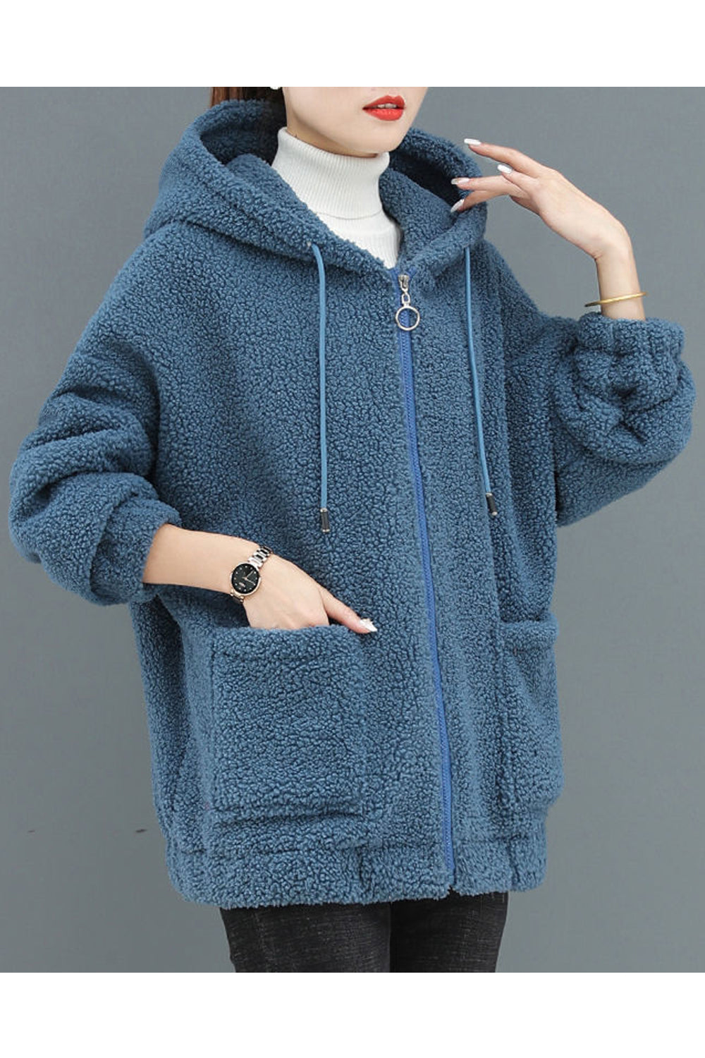 Women Knitted Long Sleeve Flap Pockets Stylish Solid Colored Zipper Closure Winter Casual Hoodie