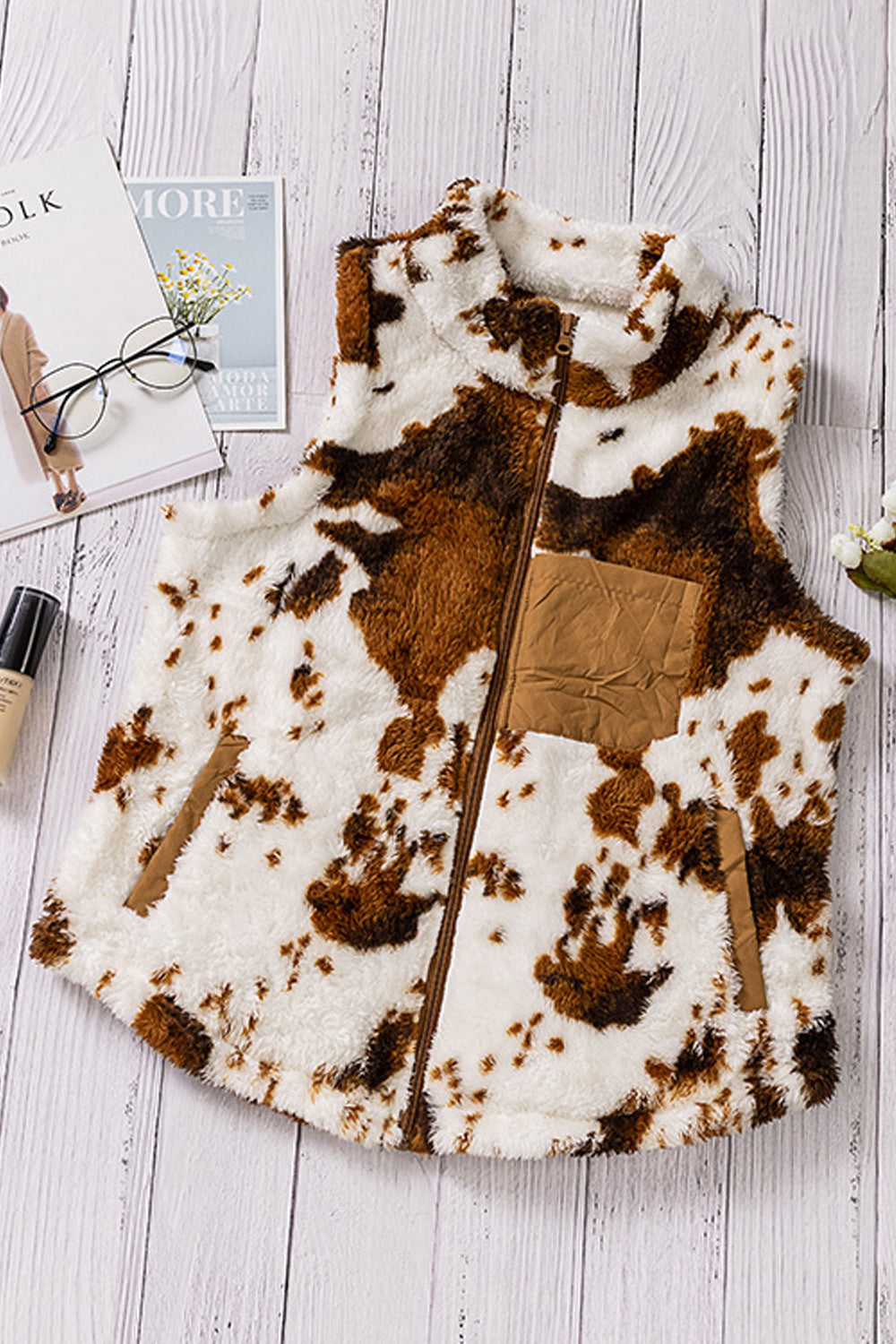 Women Beautiful Cow Printed Stand Collar Sleeveless Side Pockets Fashionable & Warm Winter Cardigan