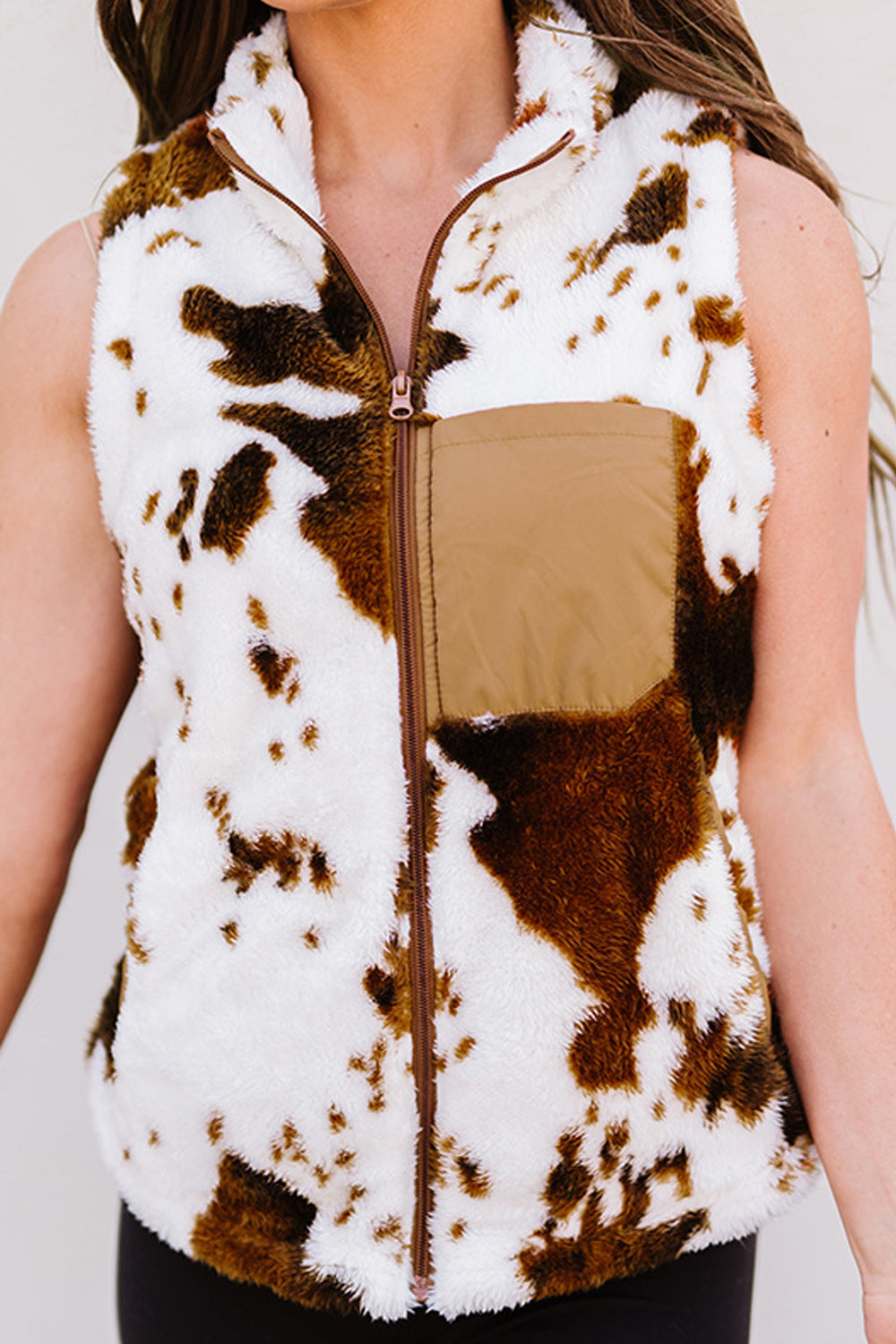 Women Beautiful Cow Printed Stand Collar Sleeveless Side Pockets Fashionable & Warm Winter Cardigan