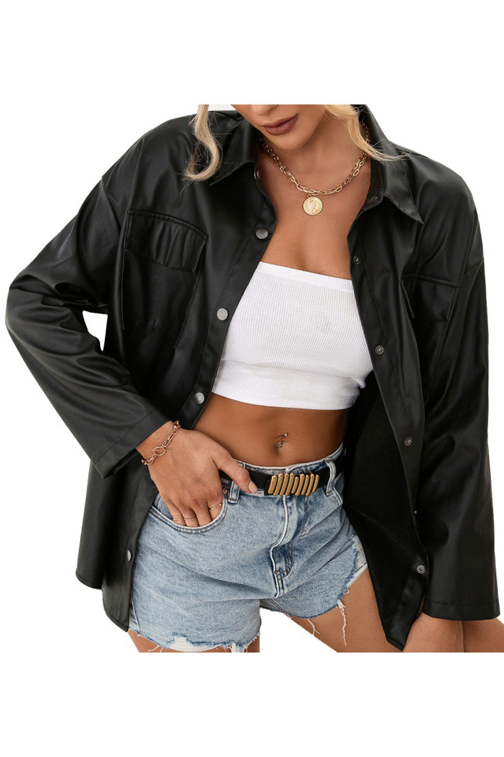 Women Amazing Shirt Style Solid Pattern Front Snap Button Closure Along Flap Pockets Winter Leather Jacket